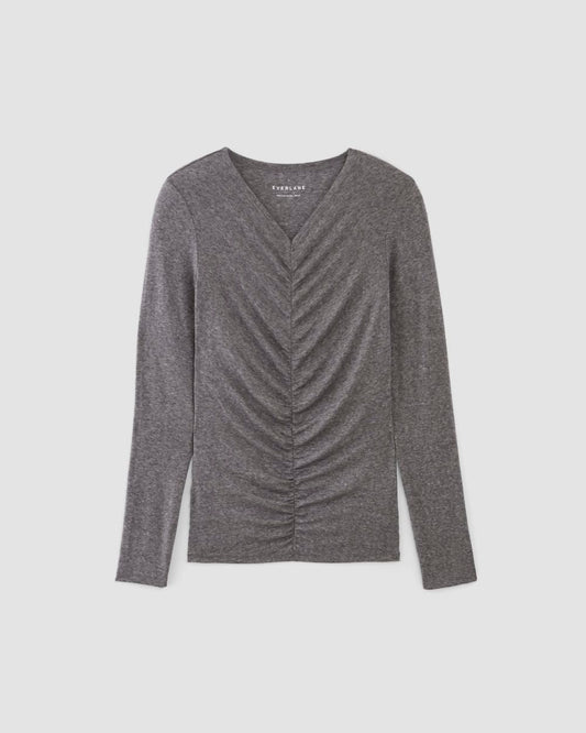 The Ruched V-Neck Tee in Butterluxe | Heather Charcoal
