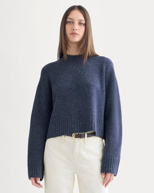 Cropped Boxy Crew in Luxe Merino | Heathered Blue Donegal