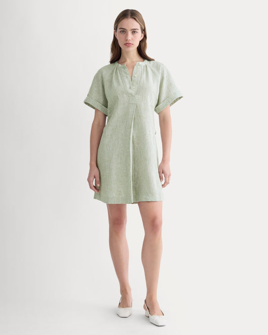 The Popover Dress in Linen | Oil Green / White