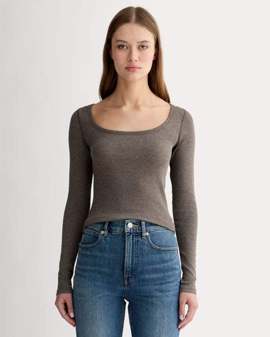 The Luxe Rib Long-Sleeve Scoop-Neck Tee | Heathered Fatigue